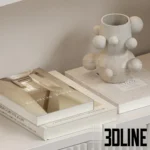 3D model of a modern classic white shelving unit featuring three arched niches with LED lighting, fluted bottom cabinets, and styled with monochrome vases and books.
