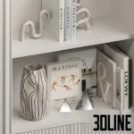 3D model of a modern classic white shelving unit featuring three arched niches with LED lighting, fluted bottom cabinets, and styled with monochrome vases and books.