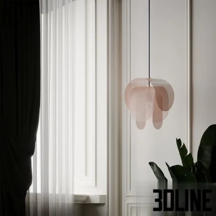 3D model of the Superpose Pendant Lamp designed by Frederik Kurzweg, featuring three overlapping bent perforated metal sheets in white, pink, and peach tones, creating a moiré pattern effect.