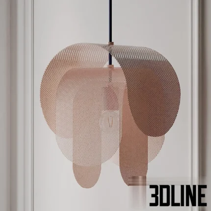 3D model of the Superpose Pendant Lamp designed by Frederik Kurzweg, featuring three overlapping bent perforated metal sheets in white, pink, and peach tones, creating a moiré pattern effect.