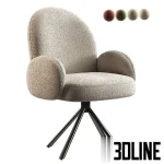 3D model of the Aaron office chair featuring a rounded backrest and armrests upholstered in textured beige bouclé fabric, supported by a sleek black metal swivel base.