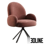3D model of the Aaron office chair featuring a rounded backrest and armrests upholstered in textured beige bouclé fabric, supported by a sleek black metal swivel base.