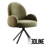 3D model of the Aaron office chair featuring a rounded backrest and armrests upholstered in textured beige bouclé fabric, supported by a sleek black metal swivel base.