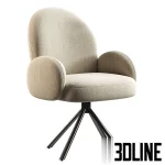 3D model of the Aaron office chair featuring a rounded backrest and armrests upholstered in textured beige bouclé fabric, supported by a sleek black metal swivel base.