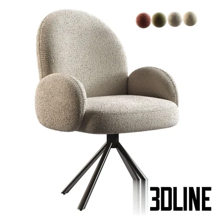 3D model of the Aaron office chair featuring a rounded backrest and armrests upholstered in textured beige bouclé fabric, supported by a sleek black metal swivel base.