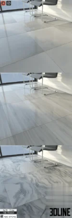 3D model set of ABC Stone marble tiles (Set 26) featuring a polished white surface with fluid grey veining, shown in a reflective floor layout.