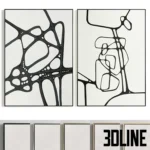 3D model set of two framed art prints featuring bold black abstract lines and organic shapes on a textured white background, available with multiple frame finishes.