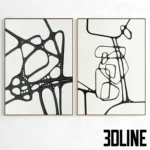 3D model set of two framed art prints featuring bold black abstract lines and organic shapes on a textured white background, available with multiple frame finishes.