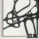 3D model set of two framed art prints featuring bold black abstract lines and organic shapes on a textured white background, available with multiple frame finishes.