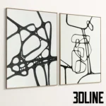 3D model set of two framed art prints featuring bold black abstract lines and organic shapes on a textured white background, available with multiple frame finishes.