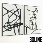 3D model set of two framed art prints featuring bold black abstract lines and organic shapes on a textured white background, available with multiple frame finishes.
