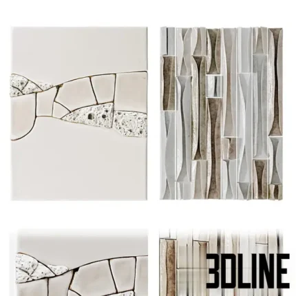 3D model of a handcrafted ceramic wall panel featuring abstract organic shapes with high-relief texture, crackle glaze details, and a mix of smooth and rough surfaces.