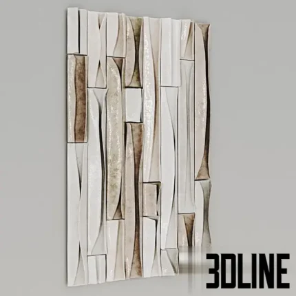 3D model of a handcrafted ceramic wall panel featuring abstract organic shapes with high-relief texture, crackle glaze details, and a mix of smooth and rough surfaces.