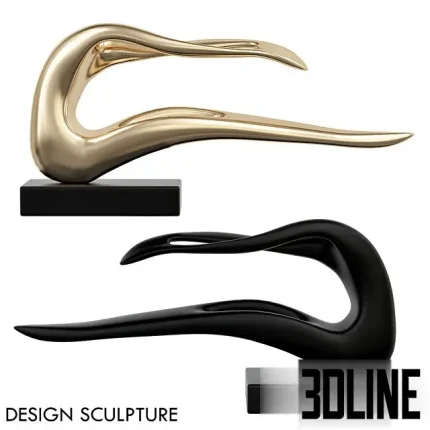 Detailed 3D model of an abstract, curved, sculptural piece of decorative art, provided in polished gold and matte black metal finishes, mounted on a black base.