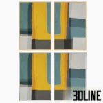 3D model set of two vertical abstract paintings with geometric shapes in yellow, blue, and grey, showcasing four interchangeable frame material options: plastic, wood, bronze, and steel.