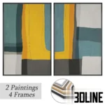 3D model set of two vertical abstract paintings with geometric shapes in yellow, blue, and grey, showcasing four interchangeable frame material options: plastic, wood, bronze, and steel.