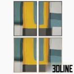 3D model set of two vertical abstract paintings with geometric shapes in yellow, blue, and grey, showcasing four interchangeable frame material options: plastic, wood, bronze, and steel.