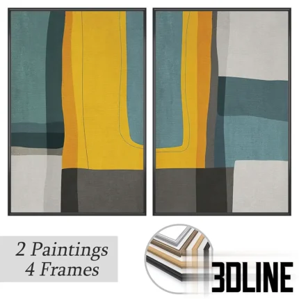 3D model set of two vertical abstract paintings with geometric shapes in yellow, blue, and grey, showcasing four interchangeable frame material options: plastic, wood, bronze, and steel.
