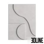 3D model set of four square gypsum wall panels featuring abstract geometric relief patterns with curves, circles, and lines in a matte white plaster finish.