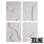 3D model set of four square gypsum wall panels featuring abstract geometric relief patterns with curves, circles, and lines in a matte white plaster finish.