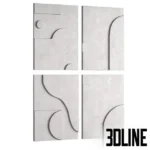 3D model set of four square gypsum wall panels featuring abstract geometric relief patterns with curves, circles, and lines in a matte white plaster finish.