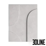 3D model set of four square gypsum wall panels featuring abstract geometric relief patterns with curves, circles, and lines in a matte white plaster finish.