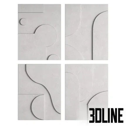 3D model set of four square gypsum wall panels featuring abstract geometric relief patterns with curves, circles, and lines in a matte white plaster finish.