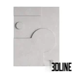 3D model set of four square gypsum wall panels featuring abstract geometric relief patterns with curves, circles, and lines in a matte white plaster finish.