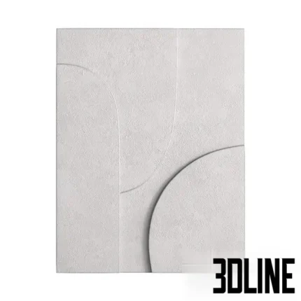 3D model set of four square gypsum wall panels featuring abstract geometric relief patterns with curves, circles, and lines in a matte white plaster finish.