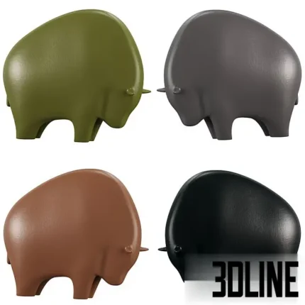 3D model set of abstract bull or bison figurines with smooth, rounded forms, shown in four matte colors: black, grey, terracotta, and olive green.