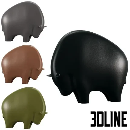 3D model set of abstract bull or bison figurines with smooth, rounded forms, shown in four matte colors: black, grey, terracotta, and olive green.