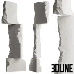 Set of three 3D modeled abstract sculptures composed of large, rough-cut white stone blocks stacked vertically in gravity-defying, minimalist formations.