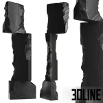 Set of three 3D modeled abstract sculptures composed of large, rough-cut white stone blocks stacked vertically in gravity-defying, minimalist formations.