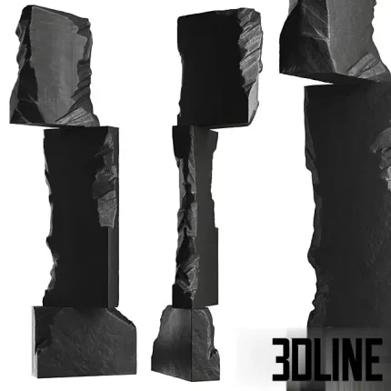 Set of three 3D modeled abstract sculptures composed of large, rough-cut white stone blocks stacked vertically in gravity-defying, minimalist formations.