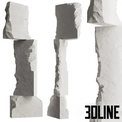 Set of three 3D modeled abstract sculptures composed of large, rough-cut white stone blocks stacked vertically in gravity-defying, minimalist formations.