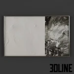 Detailed 3D model of an abstract painting (Art 819) in monochrome black and white, featuring heavily textured plaster-like strokes in two contrasting halves.