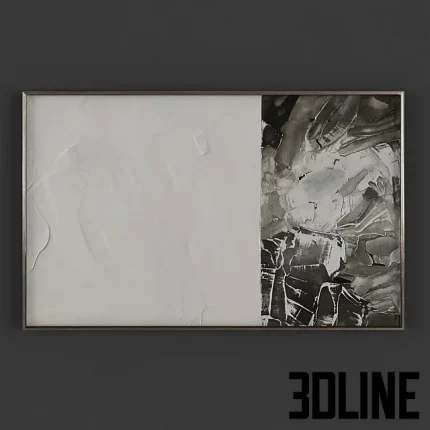 Detailed 3D model of an abstract painting (Art 819) in monochrome black and white, featuring heavily textured plaster-like strokes in two contrasting halves.