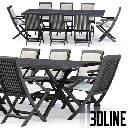 3D model set of Alesso outdoor furniture, featuring a large rectangular dark wood dining table with cross legs and matching folding armchairs with beige seat cushions.