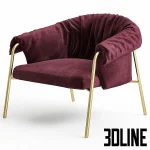 Photorealistic 3D model of the Alma Design Scala armchair, featuring a dramatic, ruched burgundy velvet seat draped over a slender, polished gold metal frame.
