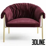 Photorealistic 3D model of the Alma Design Scala armchair, featuring a dramatic, ruched burgundy velvet seat draped over a slender, polished gold metal frame.