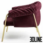Photorealistic 3D model of the Alma Design Scala armchair, featuring a dramatic, ruched burgundy velvet seat draped over a slender, polished gold metal frame.