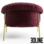 Photorealistic 3D model of the Alma Design Scala armchair, featuring a dramatic, ruched burgundy velvet seat draped over a slender, polished gold metal frame.