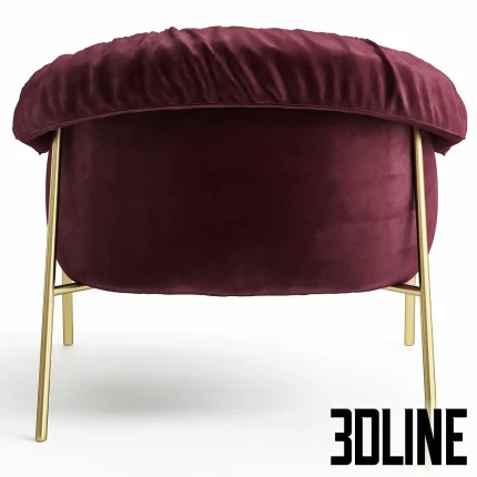 Photorealistic 3D model of the Alma Design Scala armchair, featuring a dramatic, ruched burgundy velvet seat draped over a slender, polished gold metal frame.