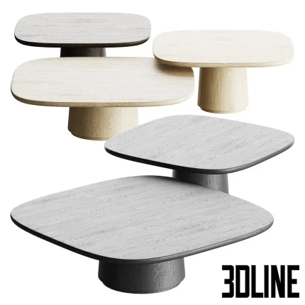 3D model set of Amos coffee tables featuring square tops with soft rounded corners and sturdy central pedestal bases, shown in light oak, grey, and dark wood finishes.