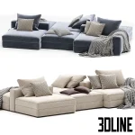 3D model of the Ananta modular sectional sofa system, featuring a versatile double-sided island configuration with green and beige fabric modules, patterned cushions, and throw blankets.