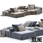 3D model of the Ananta modular sectional sofa system, featuring a versatile double-sided island configuration with green and beige fabric modules, patterned cushions, and throw blankets.