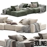 3D model of the Ananta modular sectional sofa system, featuring a versatile double-sided island configuration with green and beige fabric modules, patterned cushions, and throw blankets.