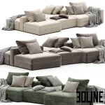 3D model of the Ananta modular sectional sofa system, featuring a versatile double-sided island configuration with green and beige fabric modules, patterned cushions, and throw blankets.
