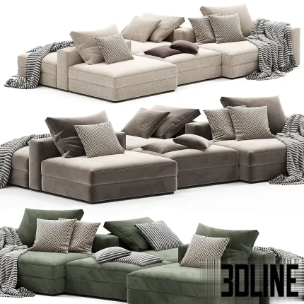 3D model of the Ananta modular sectional sofa system, featuring a versatile double-sided island configuration with green and beige fabric modules, patterned cushions, and throw blankets.