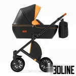 High-detail 3D model of the Anex Cross stroller in black eco-leather with vibrant orange accents on the hood and piping, including a matching hanging bag and rugged wheels.